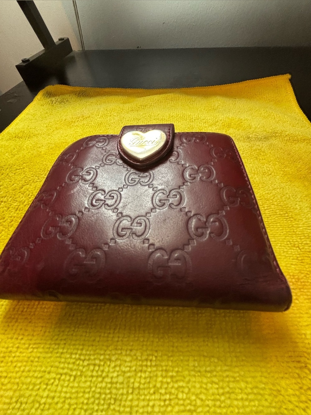 AUTHENTIC Gucci Metallic Guccissima Heart French Flap Wallet - Burgundy Red